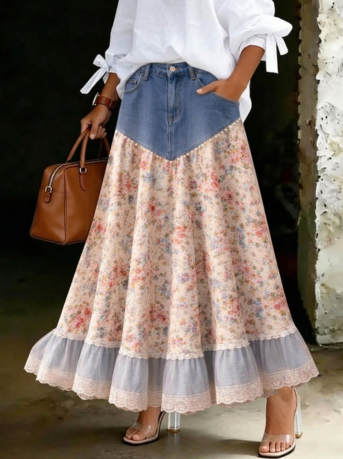 Women’s Stylish Spring Vintage Denim Patchwork Floral Lace Skirt