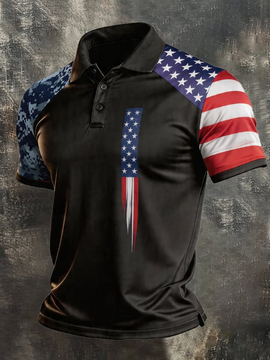 Men's Retro Patriotic Color-Block Short-Sleeve Polo Shirt