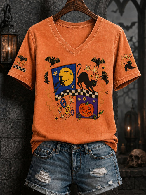 Women's Black Cat Halloween Print Tee