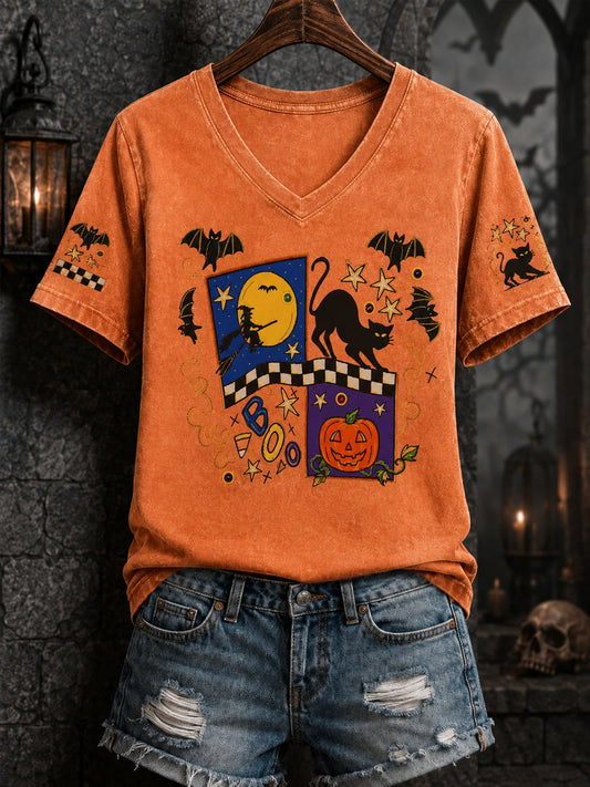 Women's Black Cat Halloween Print Tee