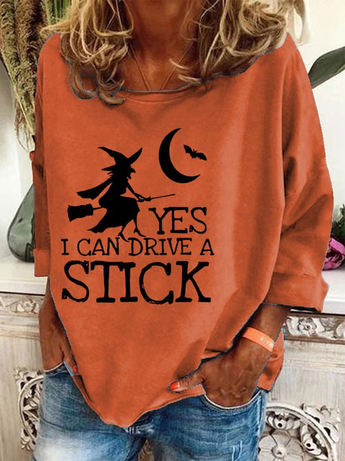 Women's Halloween Yes I Can Drive A Stick  Printed Crew Neck Sweatshirt