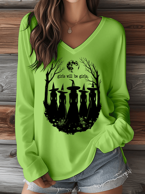 🔥HOT SALE🔥Women's Halloween Girls Will Be Girls. Print V-Neck Long Sleeve T-Shirt