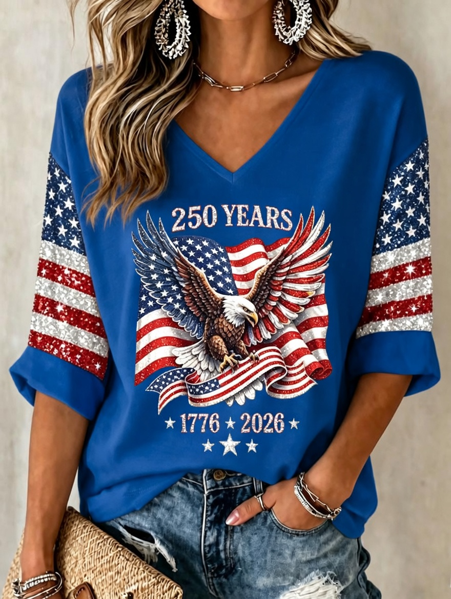 Women'S Retro Independence Day Faith Rose Pattern Casual V-Neck T-Shirt