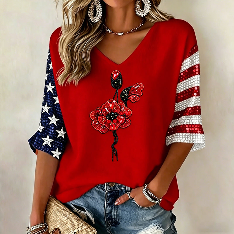 Women's Memorial Day Poppy Art Printed Casual Top