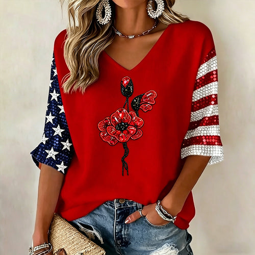 Women's Memorial Day Poppy Art Printed Casual Top