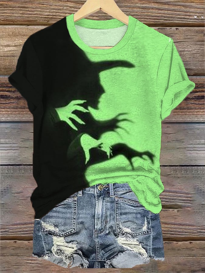 Women's Halloween Witch Shadow Print Casual Tee