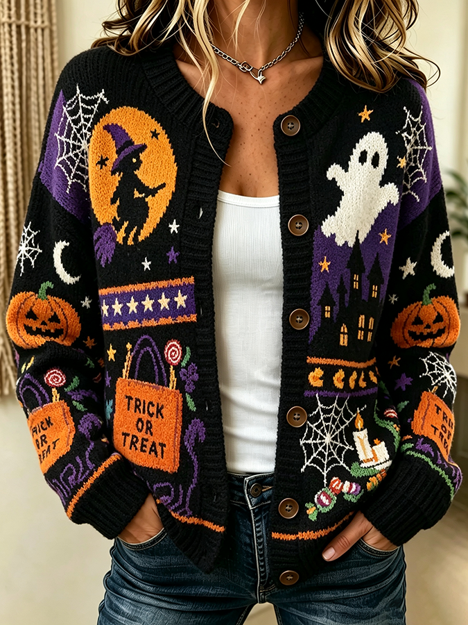 Women'S Casual Pumpkin Halloween Printed Knitted Cardigan Top