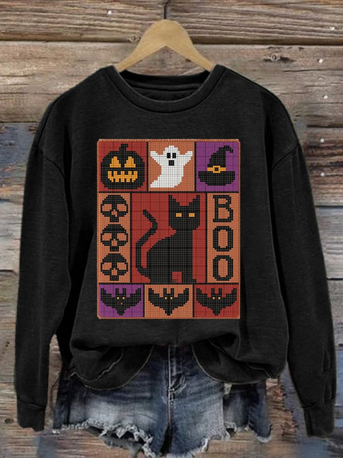 Women's Pumpkin Face Cat Print Casual Sweatshirt