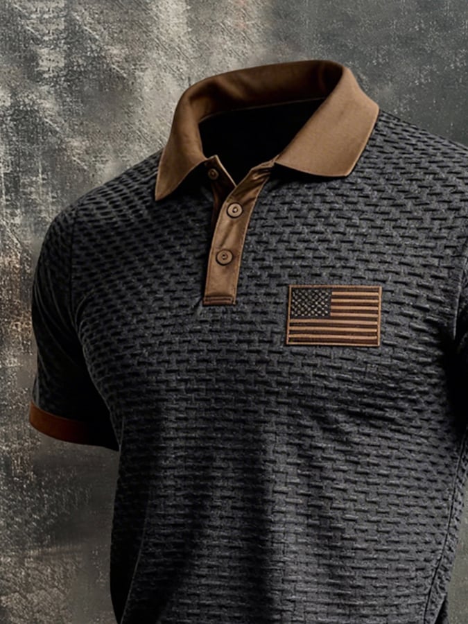 Men's Retro Color-Block Textured Fabric "Patriot" Polo Shirt