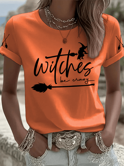 🔥HOT SALE🔥Women's Halloween Witch Be Crazy Print Crew Neck T-Shirt