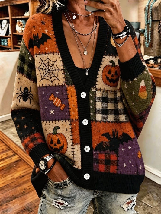 Women's Vintage Halloween Print Long-Sleeve Cardigan