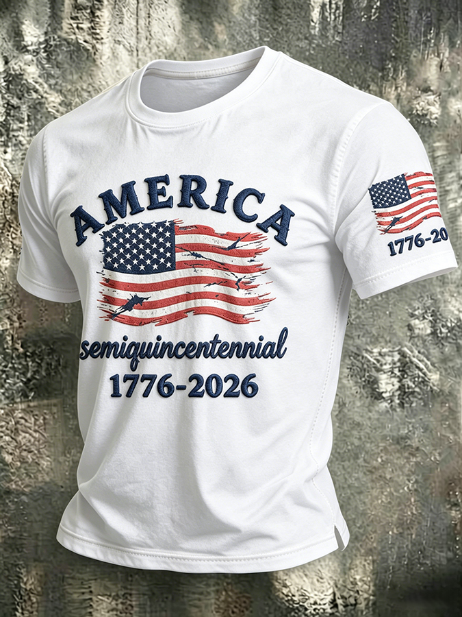 Men'S Casual American 250Th Anniversary Embroidered Print Round Neck T-Shirt