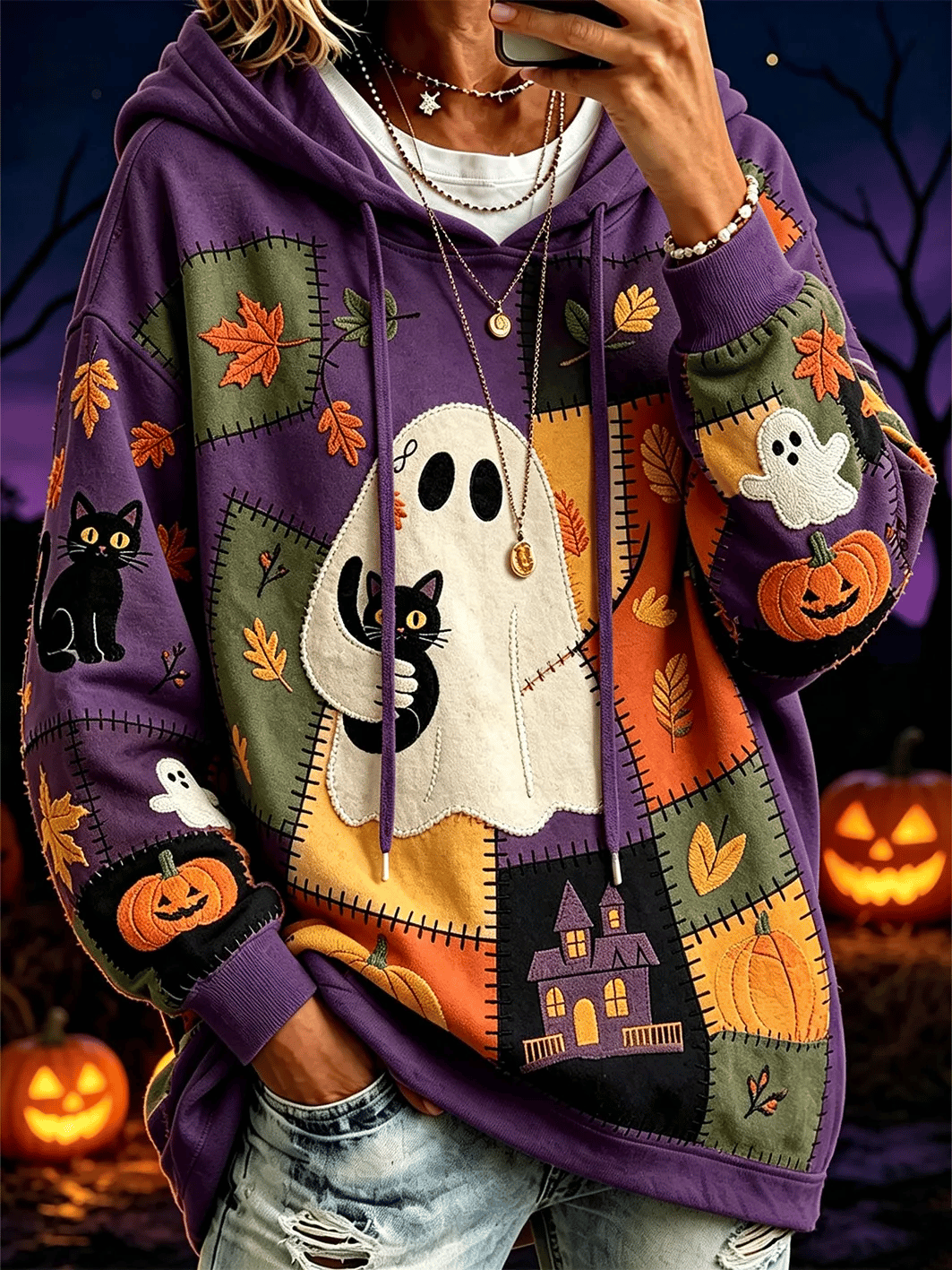 Women's Ghost Cat Print Hoodie