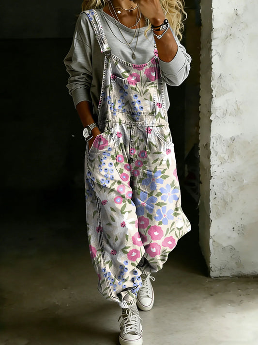 Women’s Vintage Multicolor Floral Art Print Casual One Piece Denim Jumpsuit