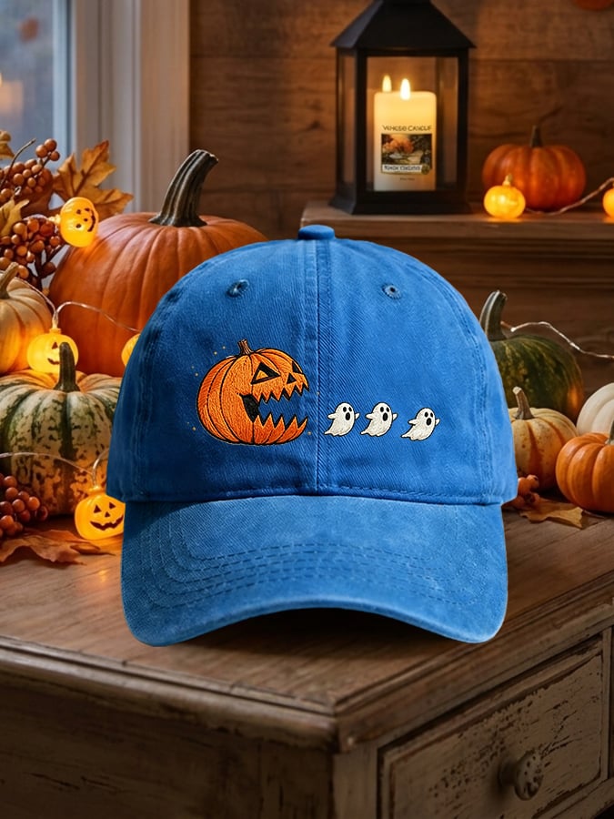 Retro Halloween Pumpkin Eat Ghost Print Baseball Cap