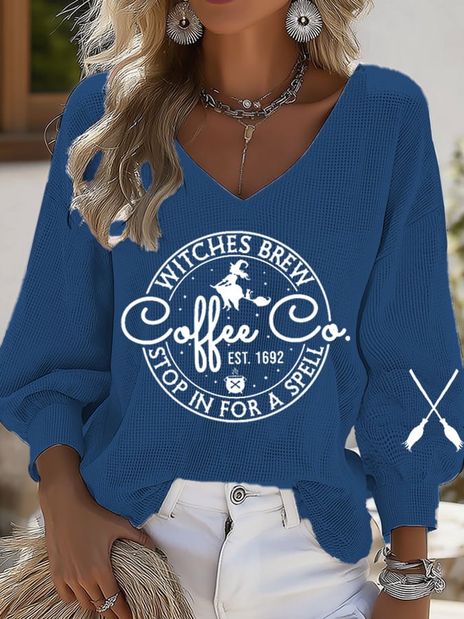 Women's Halloween Witches Brew Coffee Print Casual Puff Sleeve Top