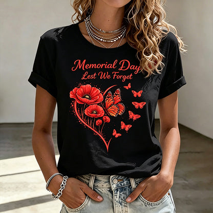 Women's Memorial Day Cat Poppy Art Printed T-Shirt