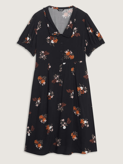 Retro Floral Print Cinched-Waist Midi Dress