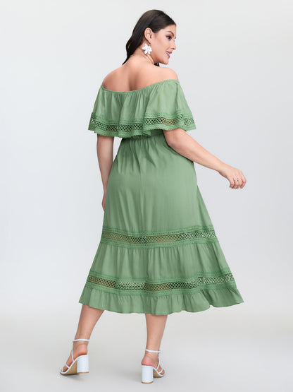 Off-Shoulder Stretchy Waist Lace Trim Maxi Dress