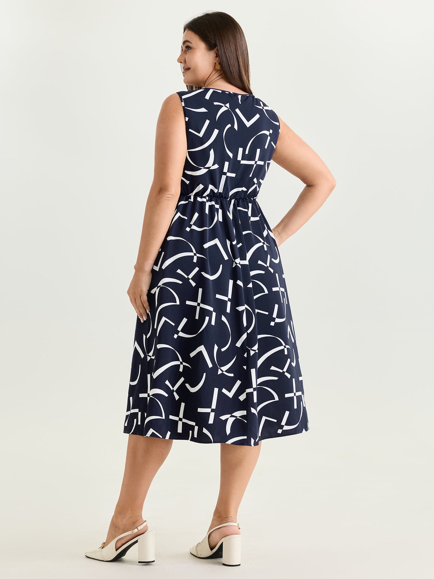 Geometric Print Metallic Detail Midi Dress