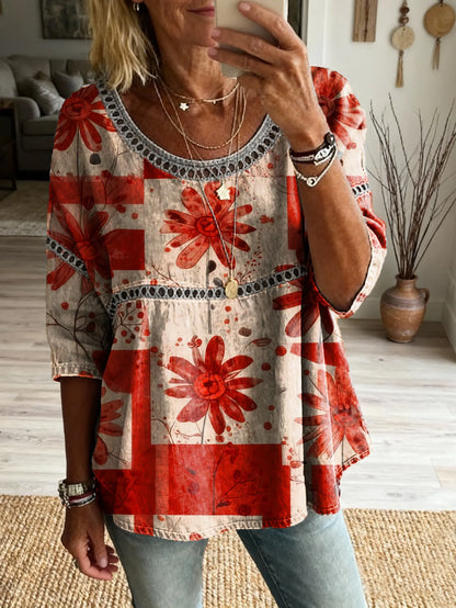 🌸Women's Bohemian Vintage Floral Art Print Casual Round Neck Cutout Top