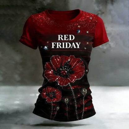 Women's Casual Red Friday Print Short-Sleeve T-Shirt
