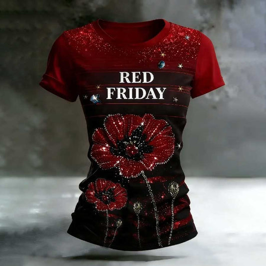 Women's Casual Red Friday Print Short-Sleeve T-Shirt