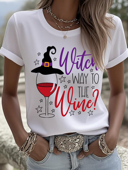 🔥HOT SALE🔥Women's Witch Way To The Wine Printed Round Neck T-Shirt