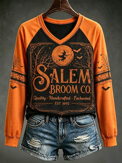 Women's Halloween Salem Broom Co. Quality Handcrafted. Enchanted Est 1692 Print Sweatshirt