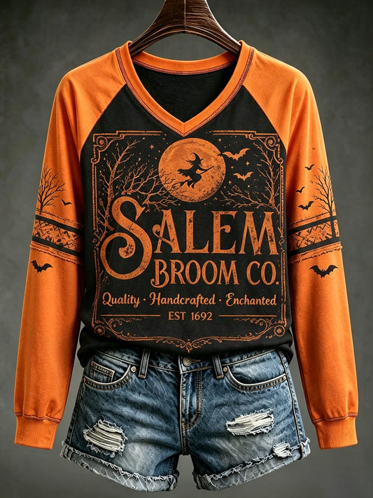 Women's Halloween Salem Broom Co. Quality Handcrafted. Enchanted Est 1692 Print Sweatshirt
