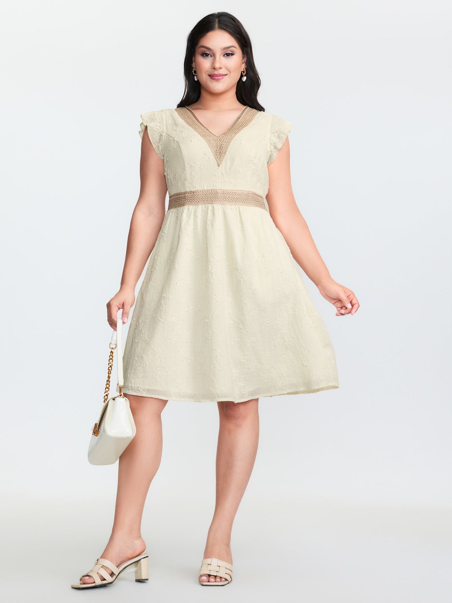 Textured Lace Trim V-Neck Flutter Sleeve Mini Dress