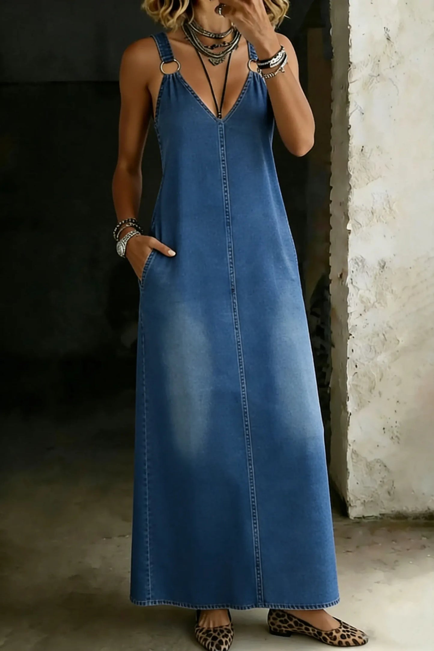 Women's Retro Metal Ring Buckle Suspender Pocket Denim Dress