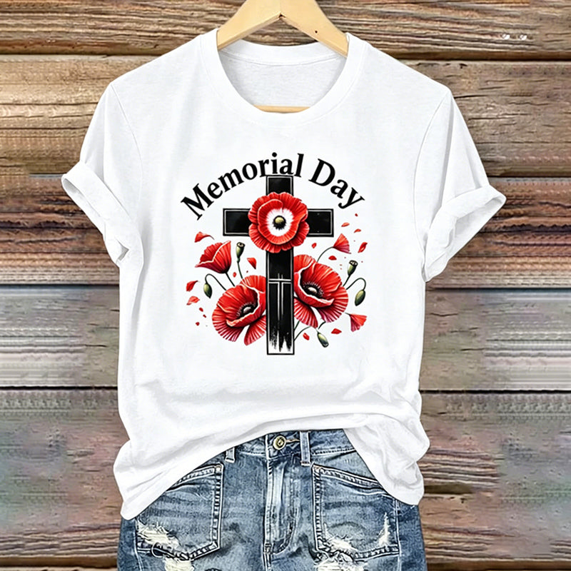 Women's Memorial Day Poppy Art Printed T-Shirt
