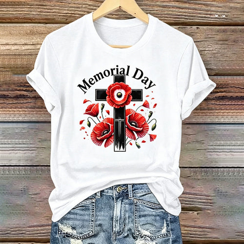 Women's Memorial Day Poppy Art Printed T-Shirt