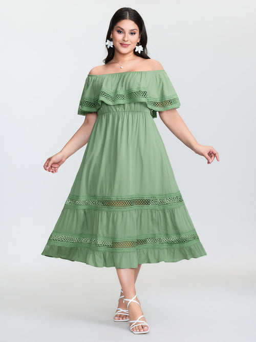 Off-Shoulder Stretchy Waist Lace Trim Maxi Dress