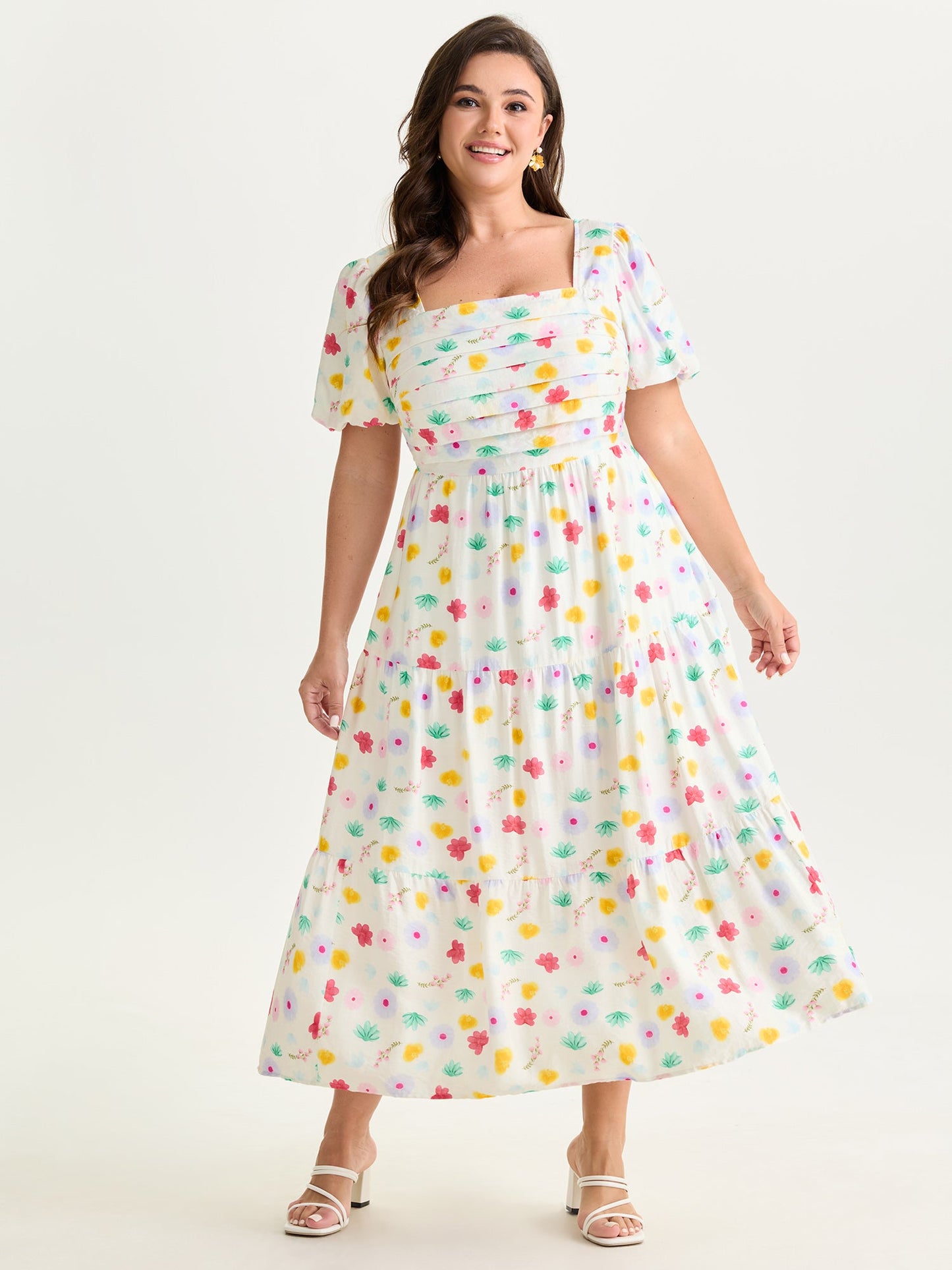 Playful Floral Print Pleated Flowy Midi Dress