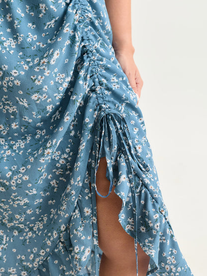 Floral Print Ruched Adjustable Drawstring Hem Midi Dress