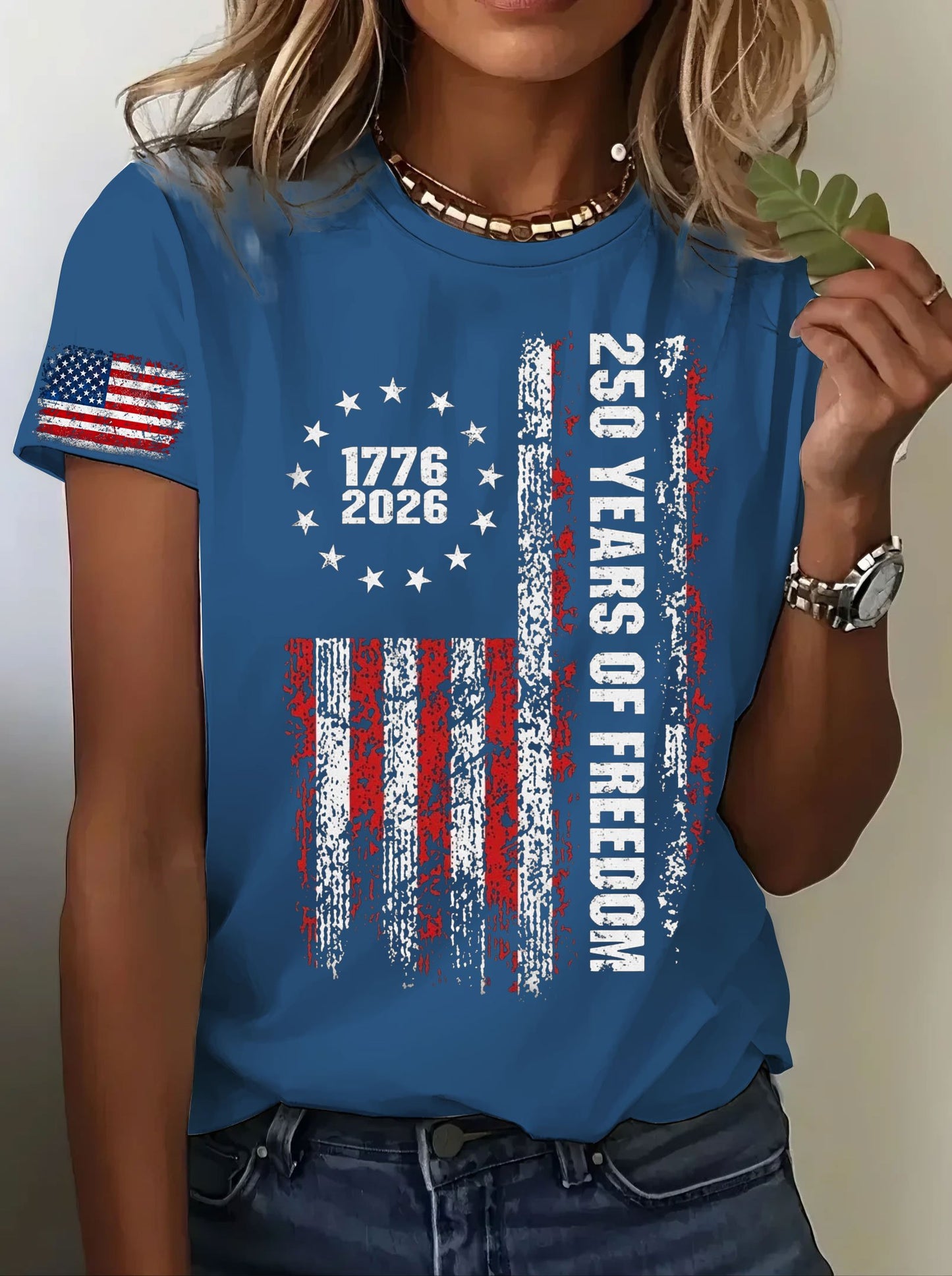 Women’s USA 250th Anniversary Embroidered Print Crew Neck Short Sleeve T-Shirt