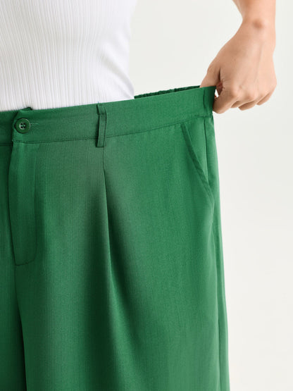 Stretchy Waist Pleated Straight-Leg Pants