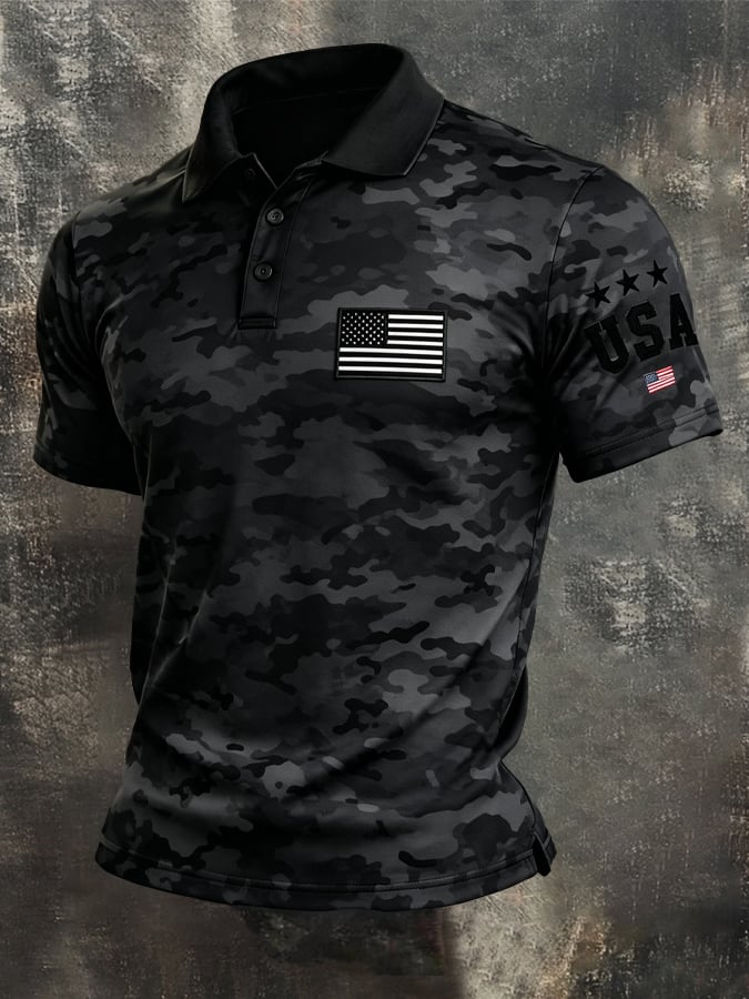 Men's Retro Patriot Color Block Polo Collar Short Sleeve
