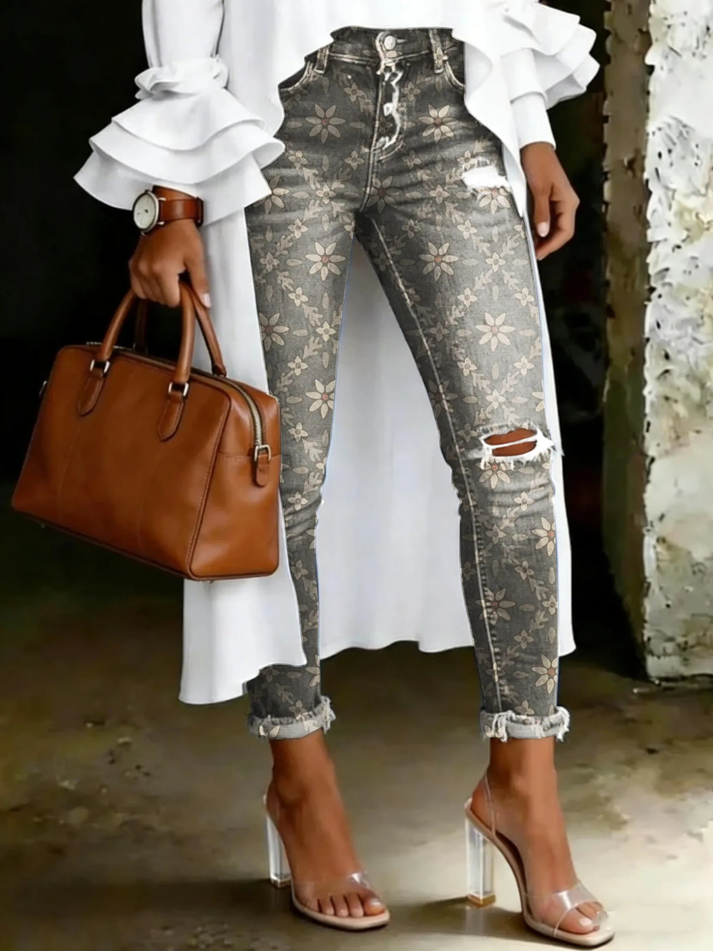 Women's Vintage Floral Print Casual High-waisted Ripped Skinny Jeans