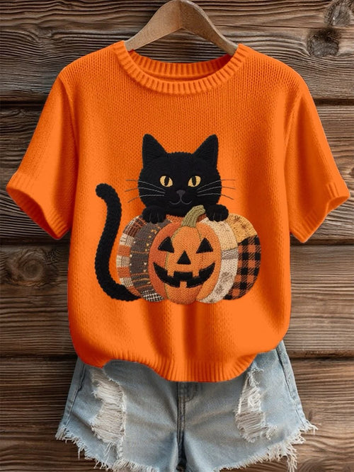 Women's Halloween Pumpkin Cat Knit Top