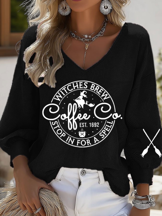 Women's Halloween Witches Brew Coffee Print Casual Puff Sleeve Top