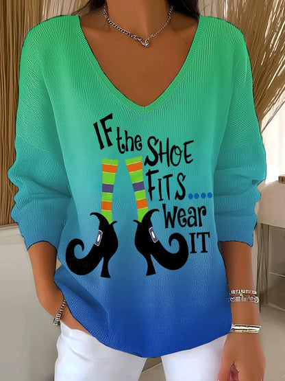 🔥HOT SALE🔥If The Shoe Fits, Wear It Halloween Witch Print Women's Drop Shoulder Sweater