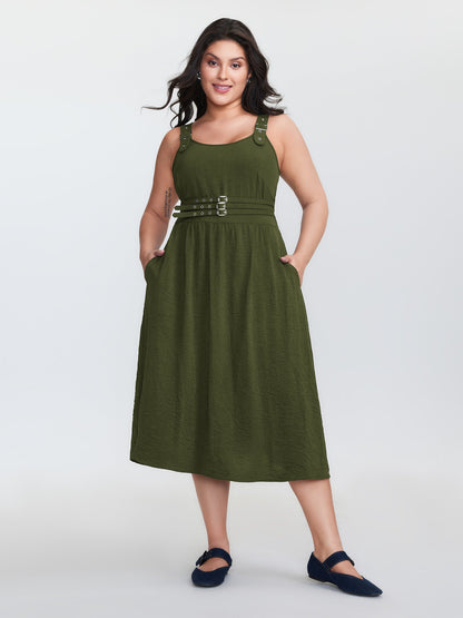 Wide Straps Belted Buckle Detail Midi Dress