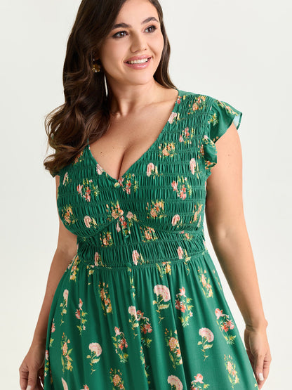 Floral Print Shirred Waist V-Neck Midi Dress