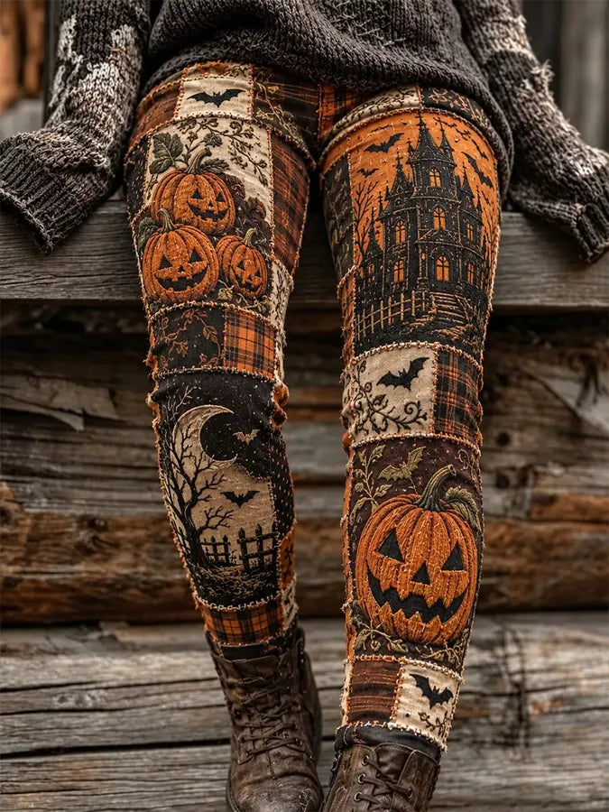 Women'S Casual Pit Striped Knitted Halloween Themed Printed Elastic Leggings