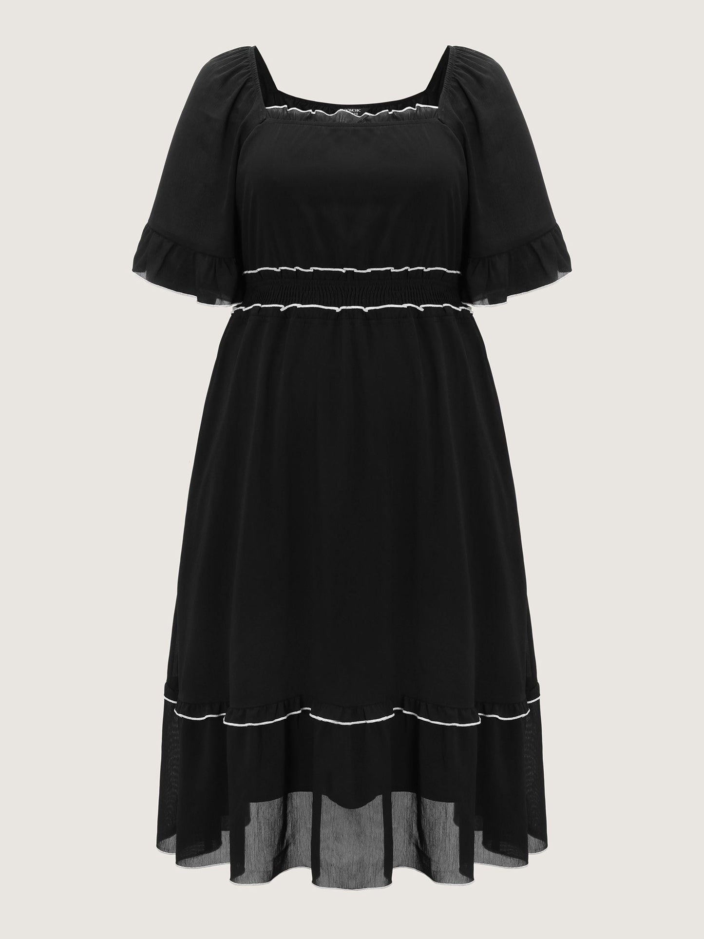 Ruffled Neckline Color Contrast Midi Dress