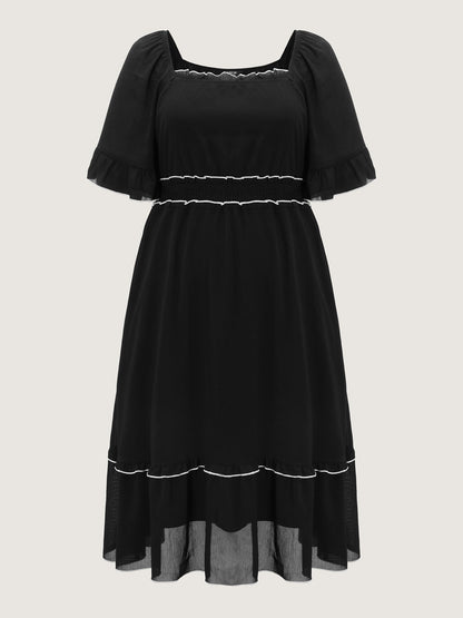 Ruffled Neckline Color Contrast Midi Dress