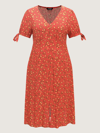 Micro Floral Print Sleeve Tie Midi Dress